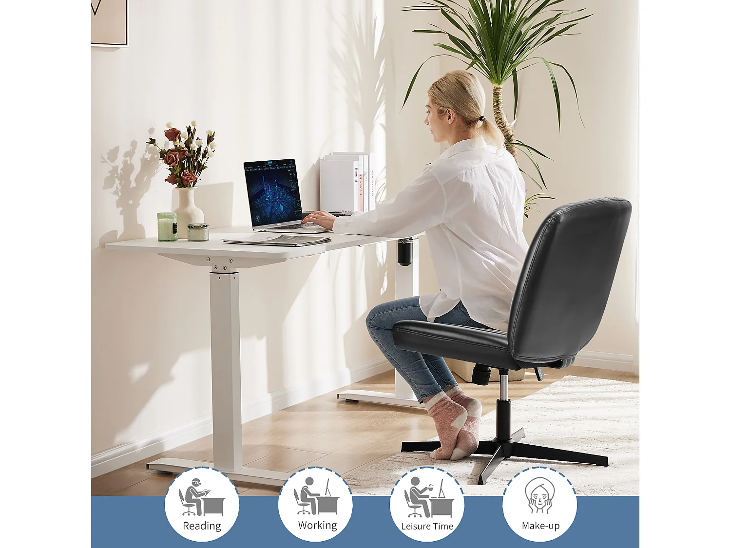 Bureaustoel, Cross-Legged stoel, zonder wielen Armless Swivel Home Office Chair, PU, zwart