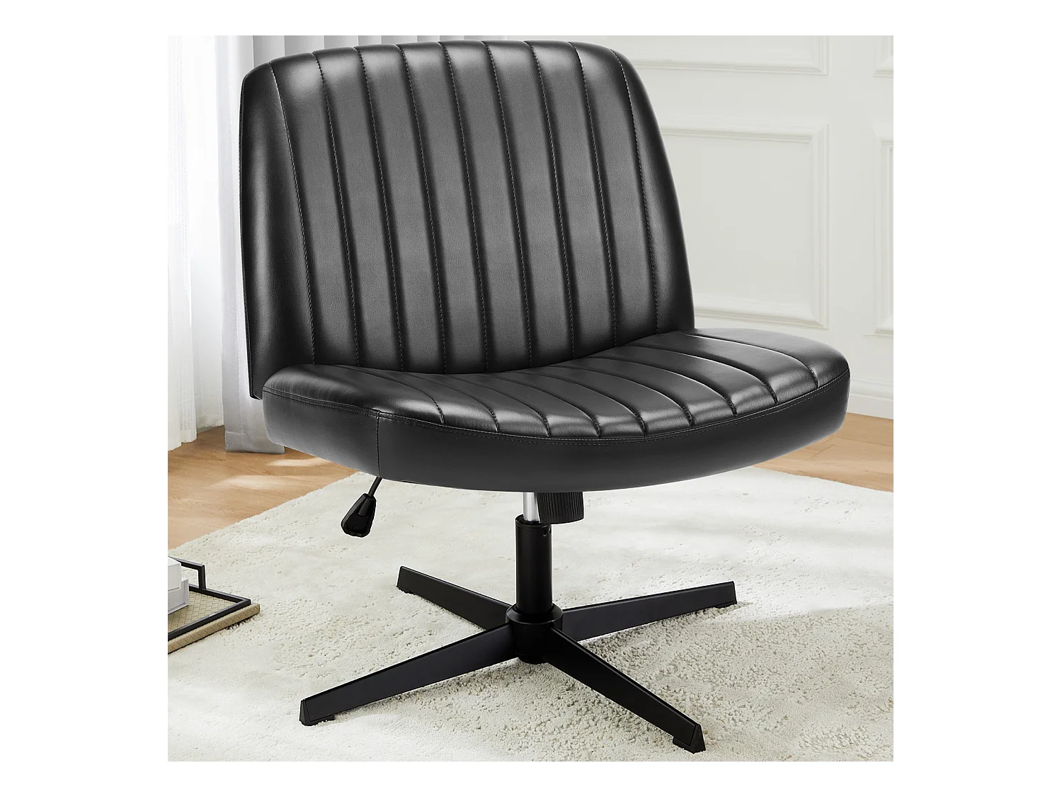 Chaise de bureau,Chaise à piétement croisé,Chaise de bureau sans bras et pivotante,PU,Noir