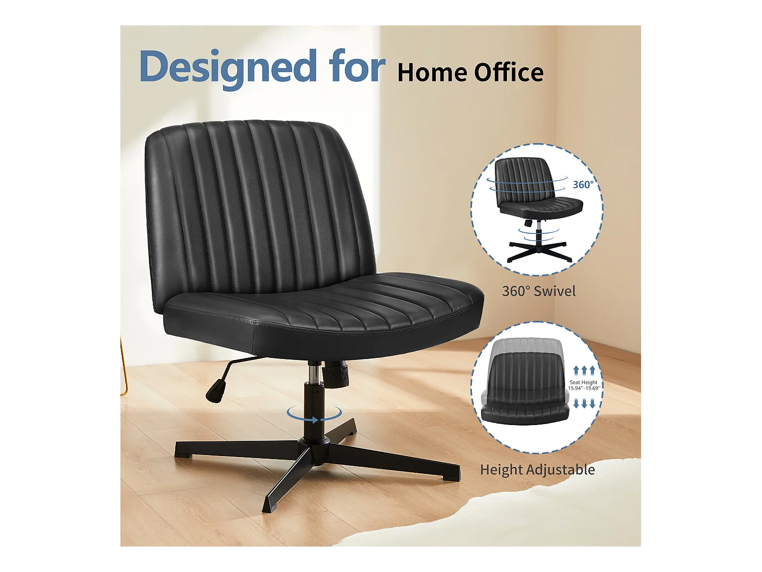 Bureaustoel, Cross-Legged stoel, zonder wielen Armless Swivel Home Office Chair, PU, zwart