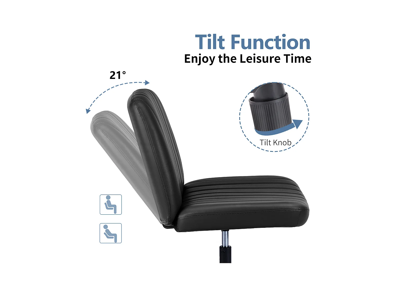 Bureaustoel, Cross-Legged stoel, zonder wielen Armless Swivel Home Office Chair, PU, zwart