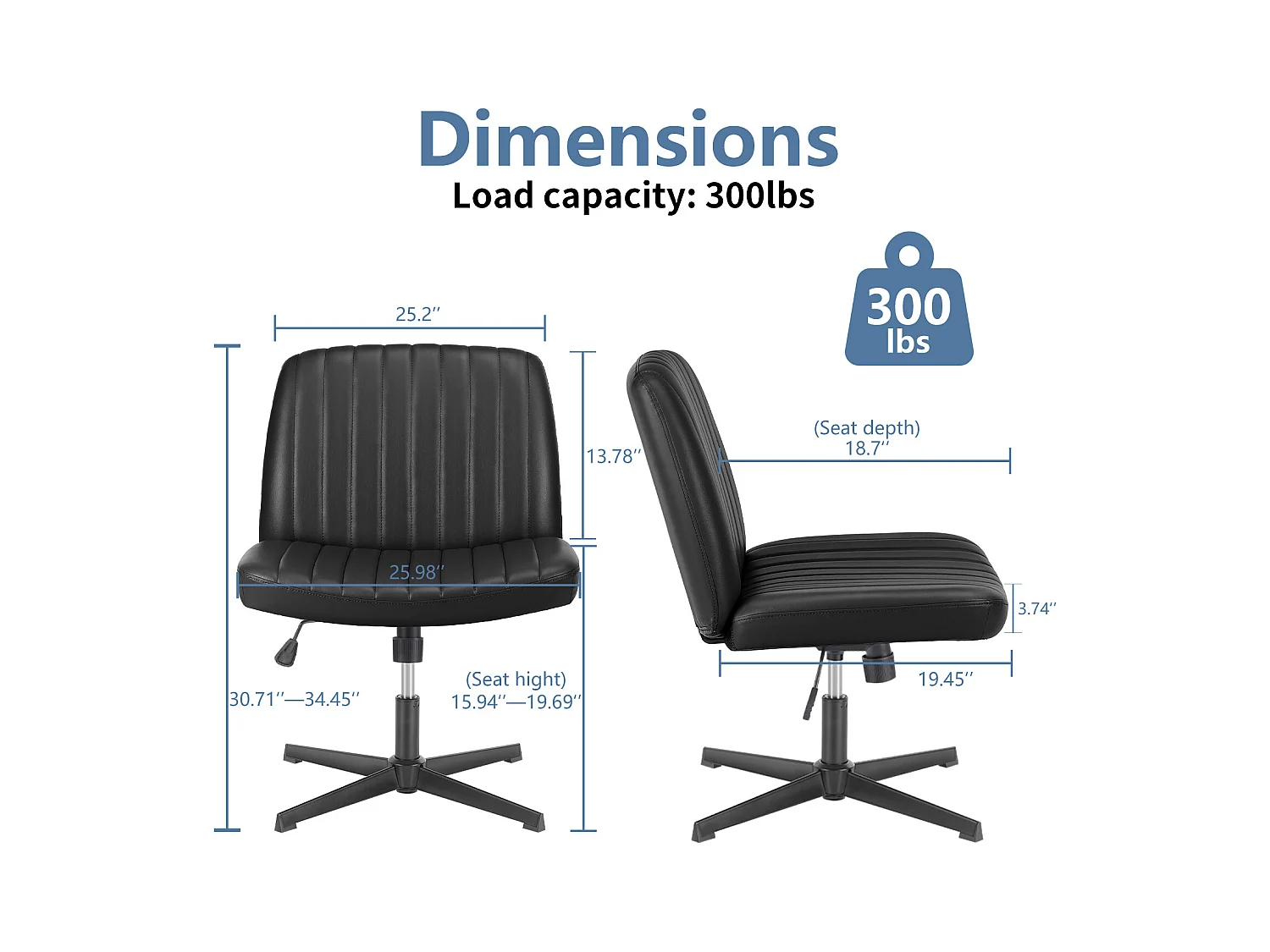 Bureaustoel, Cross-Legged stoel, zonder wielen Armless Swivel Home Office Chair, PU, zwart