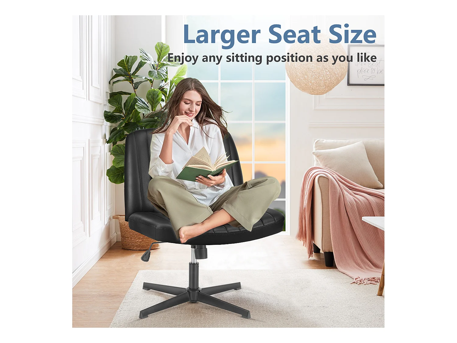 Bureaustoel, Cross-Legged stoel, zonder wielen Armless Swivel Home Office Chair, PU, zwart
