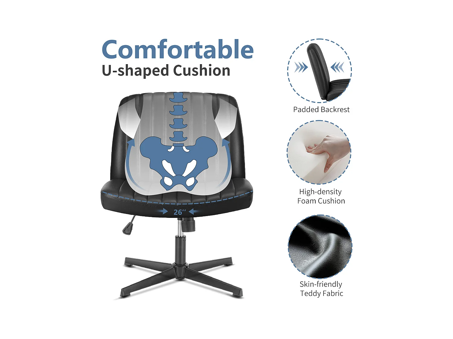 Bureaustoel, Cross-Legged stoel, zonder wielen Armless Swivel Home Office Chair, PU, zwart