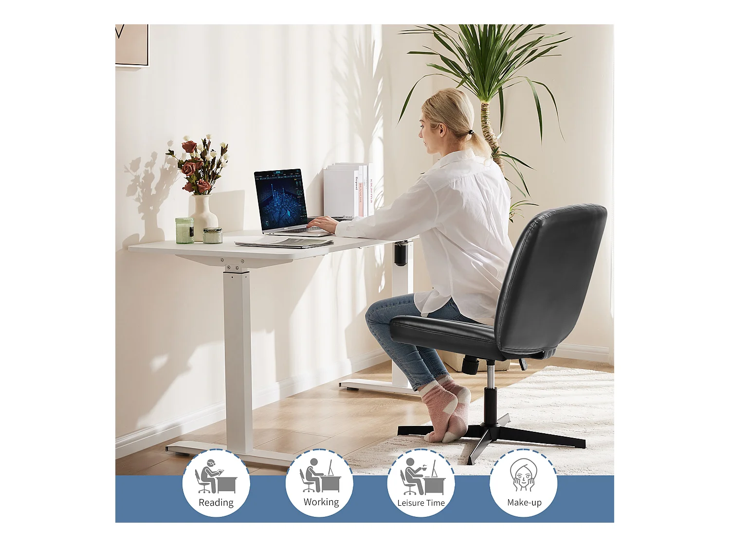 Bureaustoel, Cross-Legged stoel, zonder wielen Armless Swivel Home Office Chair, PU, zwart