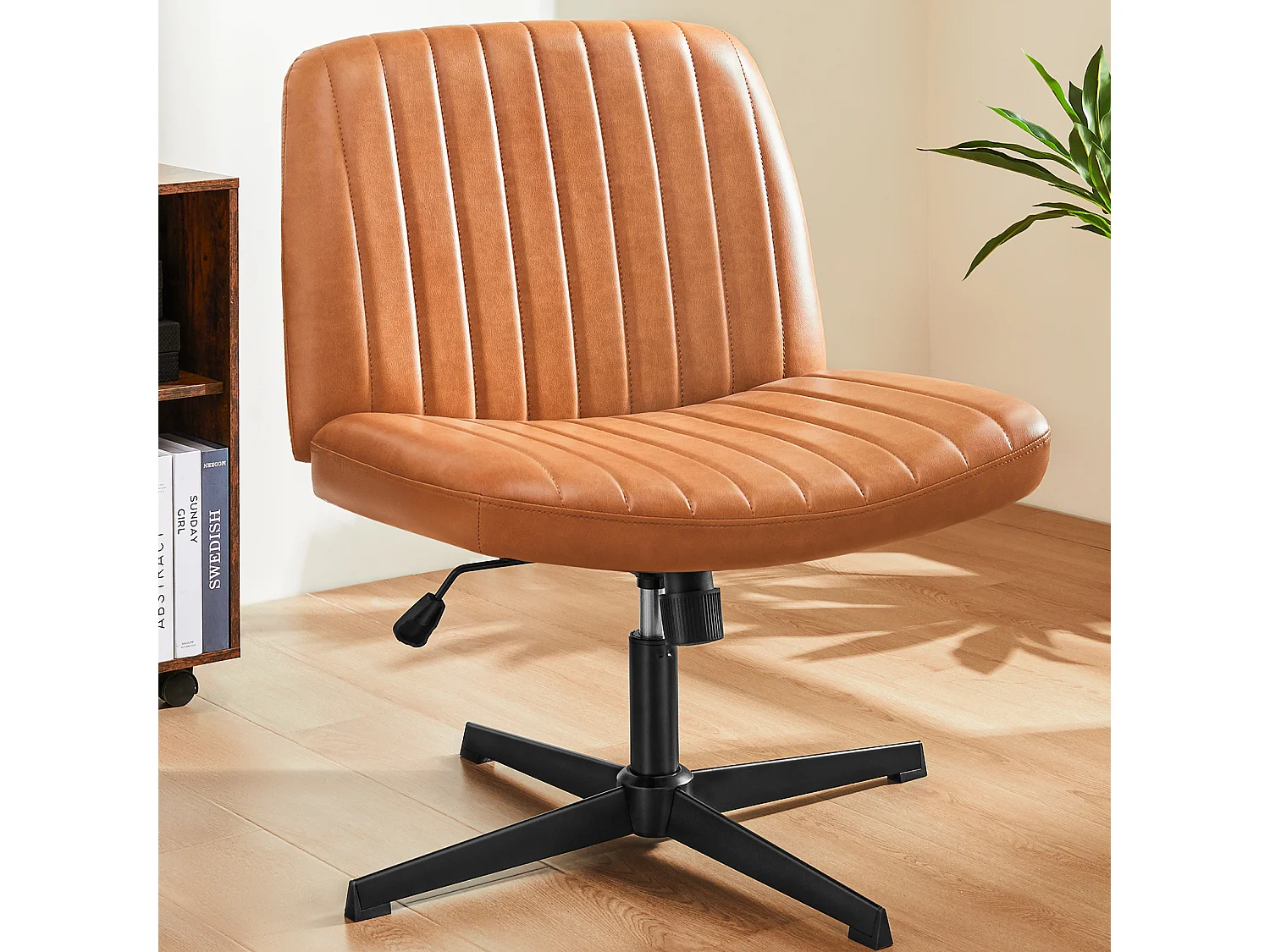 Bureaustoel, Cross-Legged stoel, zonder wielen Armless Swivel Home Office Chair, PU, bruin