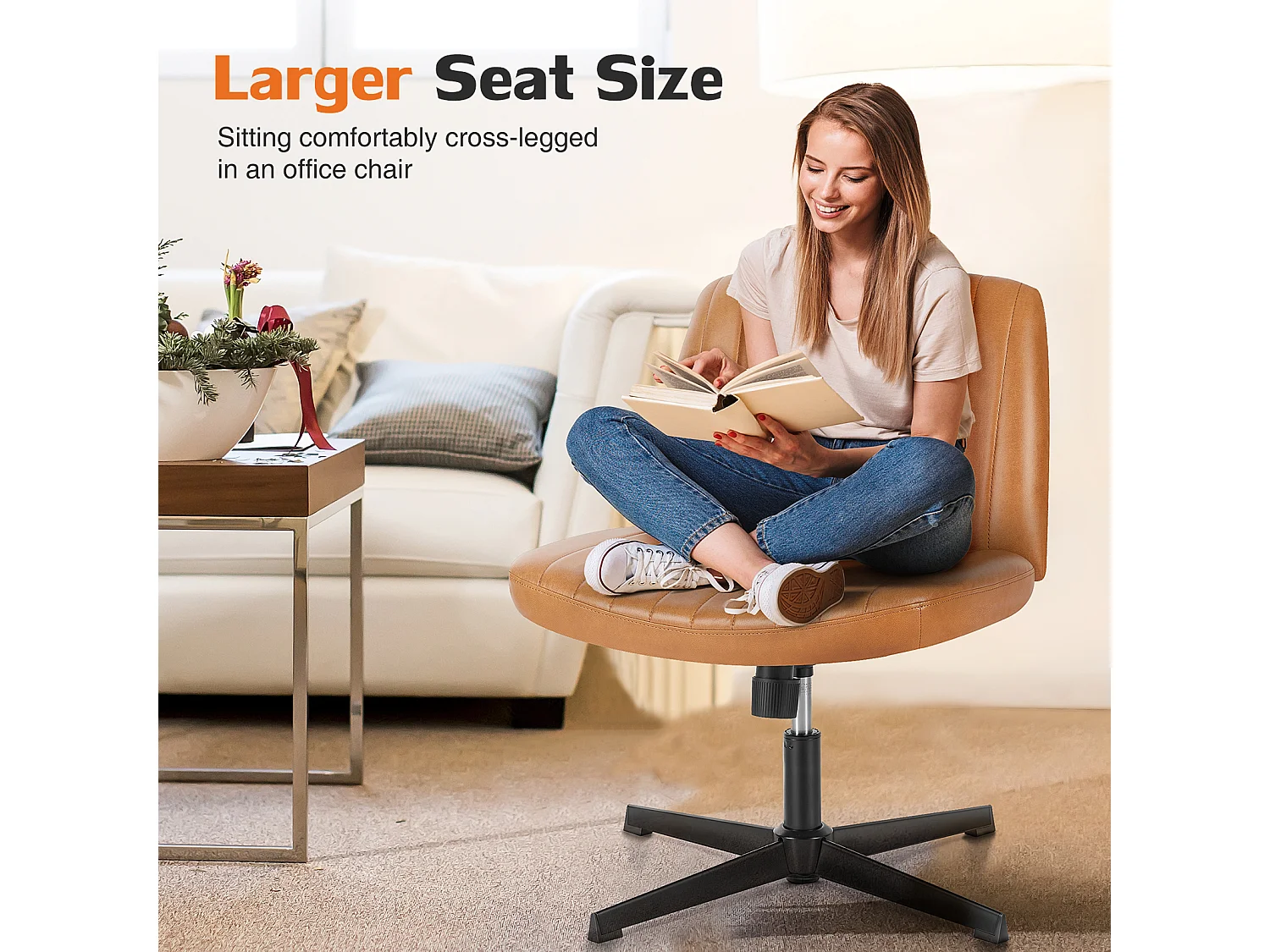 Bureaustoel, Cross-Legged stoel, zonder wielen Armless Swivel Home Office Chair, PU, bruin