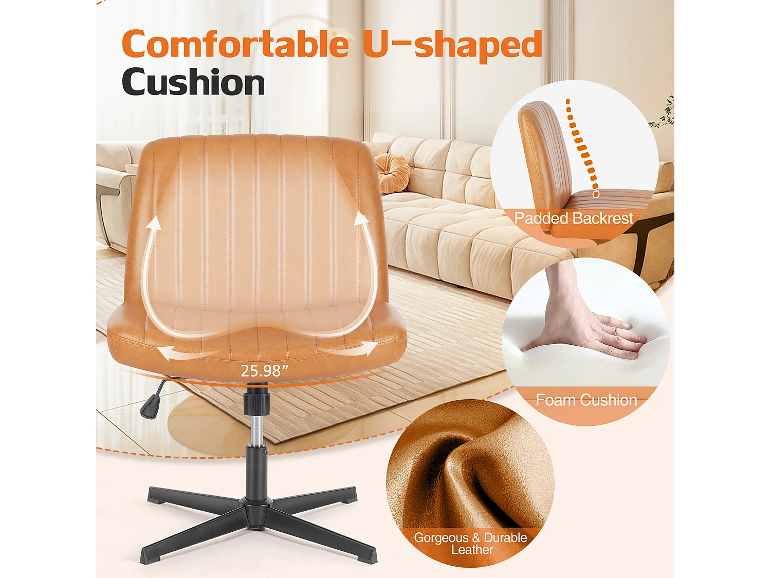 Bureaustoel, Cross-Legged stoel, zonder wielen Armless Swivel Home Office Chair, PU, bruin