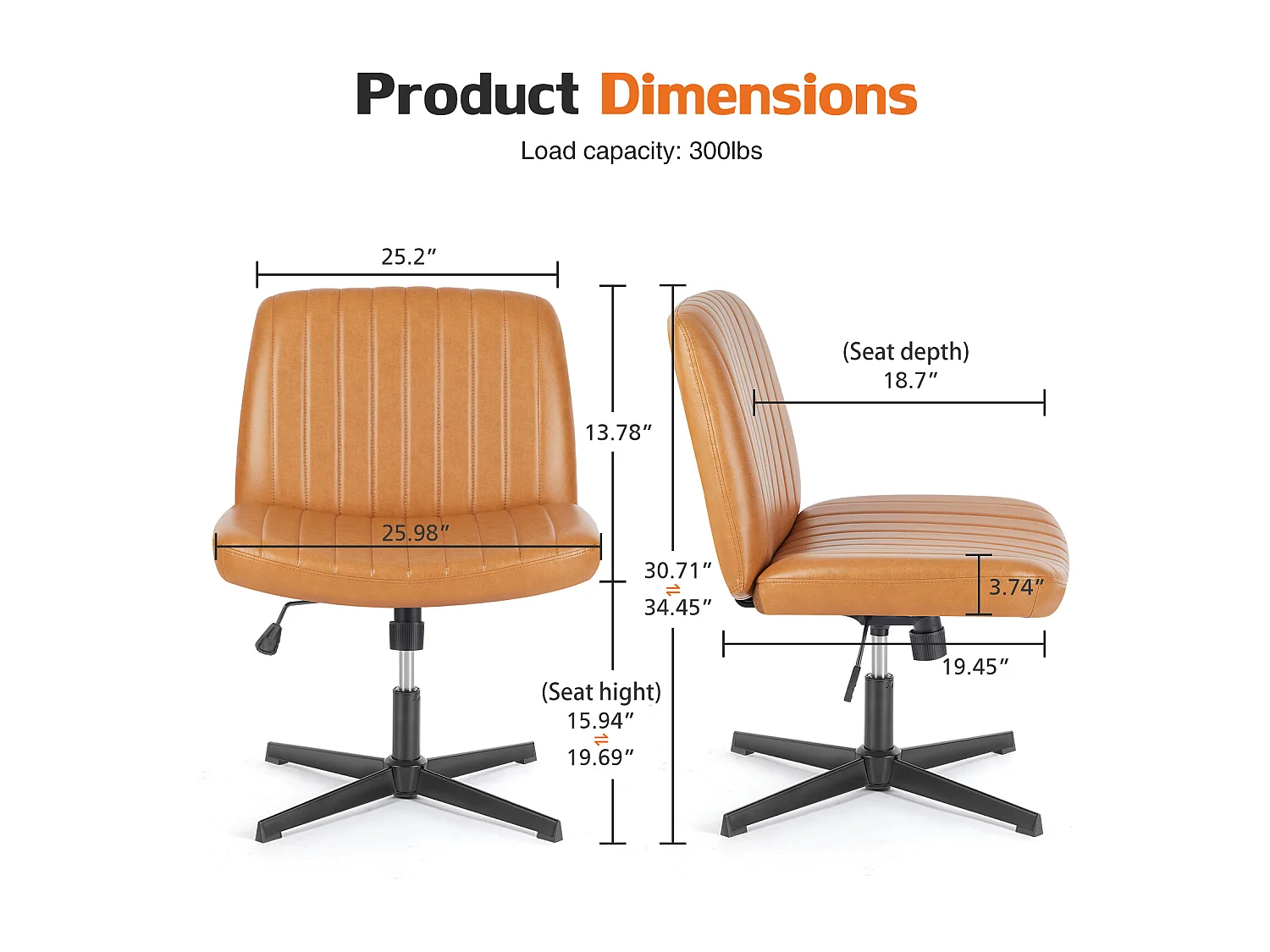 Bureaustoel, Cross-Legged stoel, zonder wielen Armless Swivel Home Office Chair, PU, bruin
