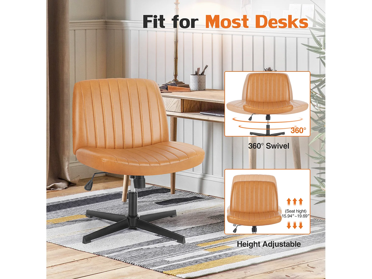 Bureaustoel, Cross-Legged stoel, zonder wielen Armless Swivel Home Office Chair, PU, bruin
