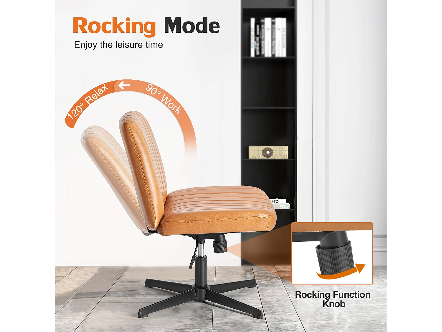 Bureaustoel, Cross-Legged stoel, zonder wielen Armless Swivel Home Office Chair, PU, bruin