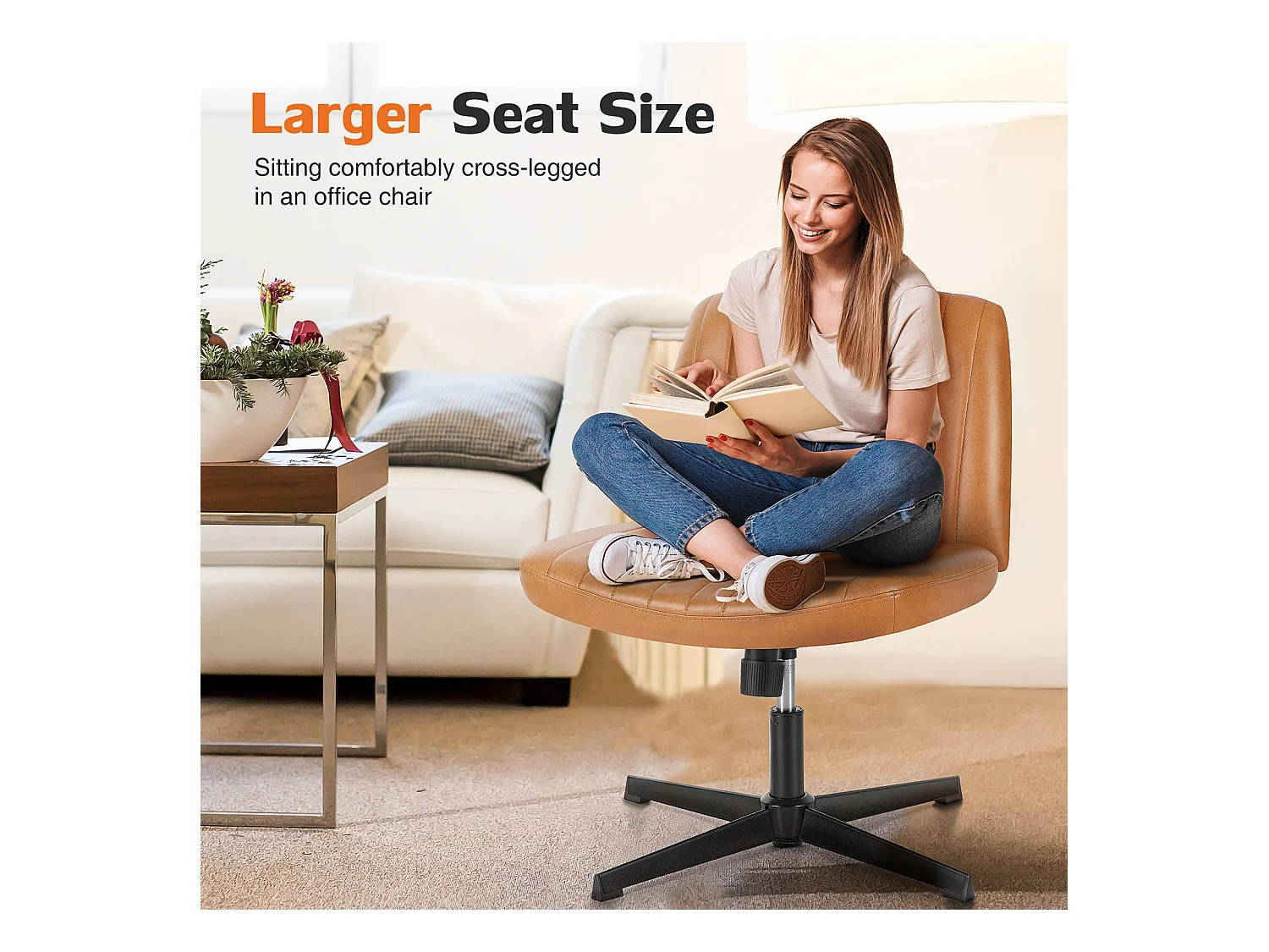 Bureaustoel, Cross-Legged stoel, zonder wielen Armless Swivel Home Office Chair, PU, bruin