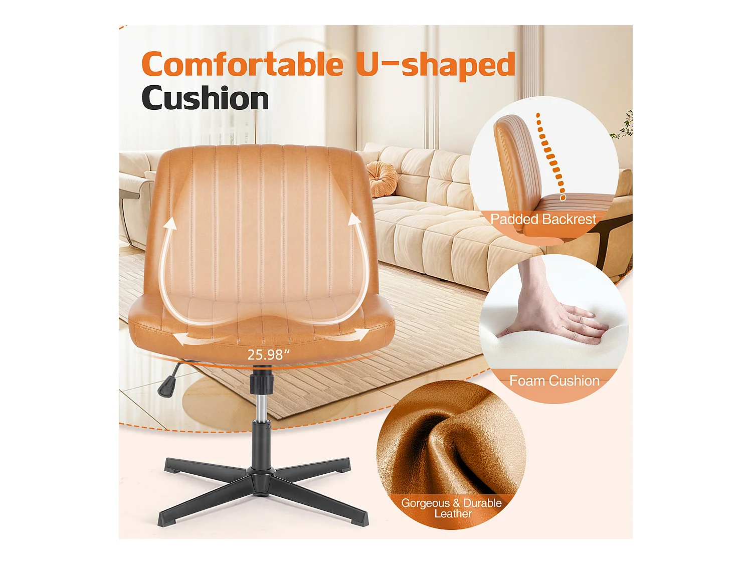 Bureaustoel, Cross-Legged stoel, zonder wielen Armless Swivel Home Office Chair, PU, bruin