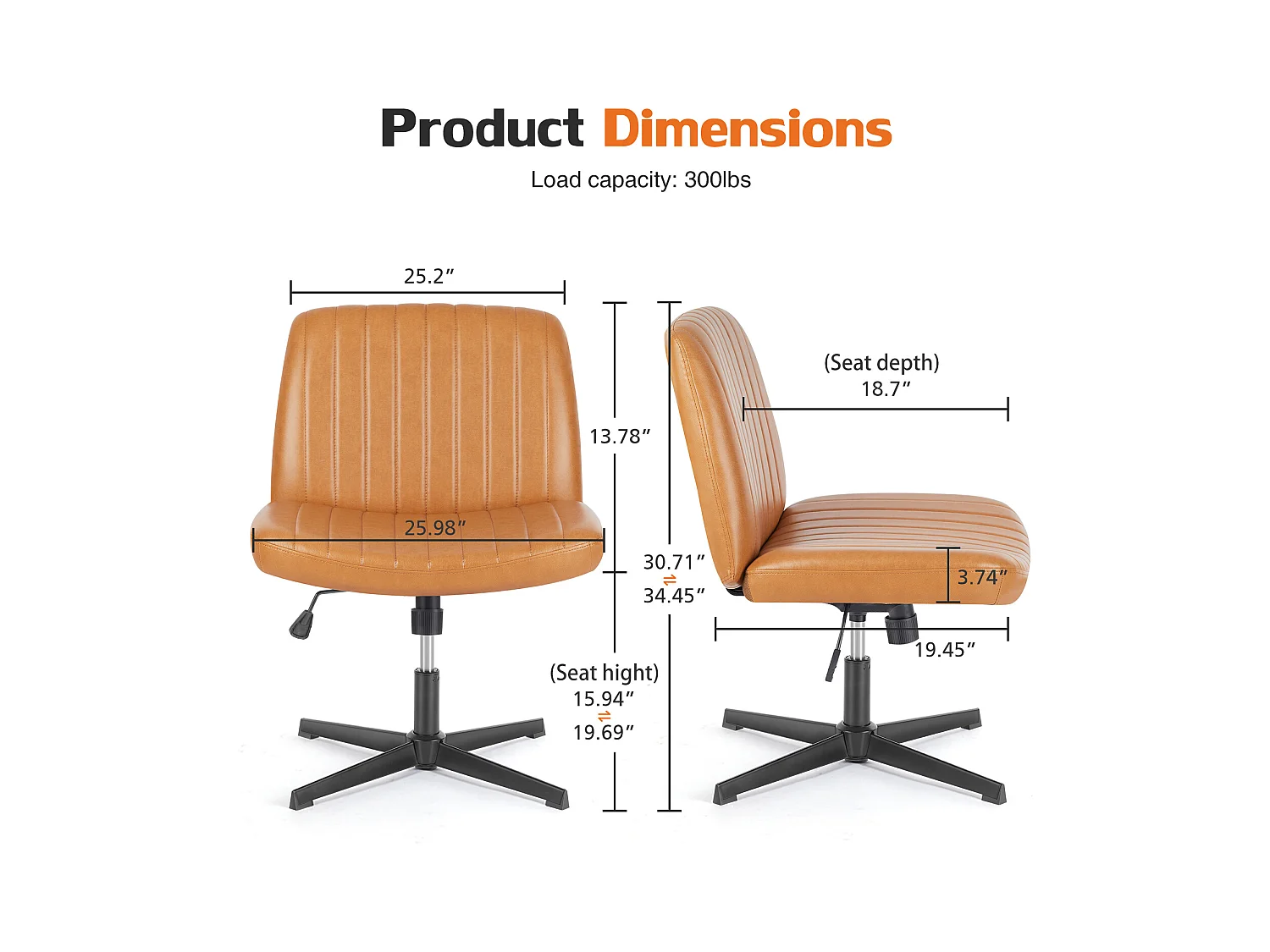 Bureaustoel, Cross-Legged stoel, zonder wielen Armless Swivel Home Office Chair, PU, bruin