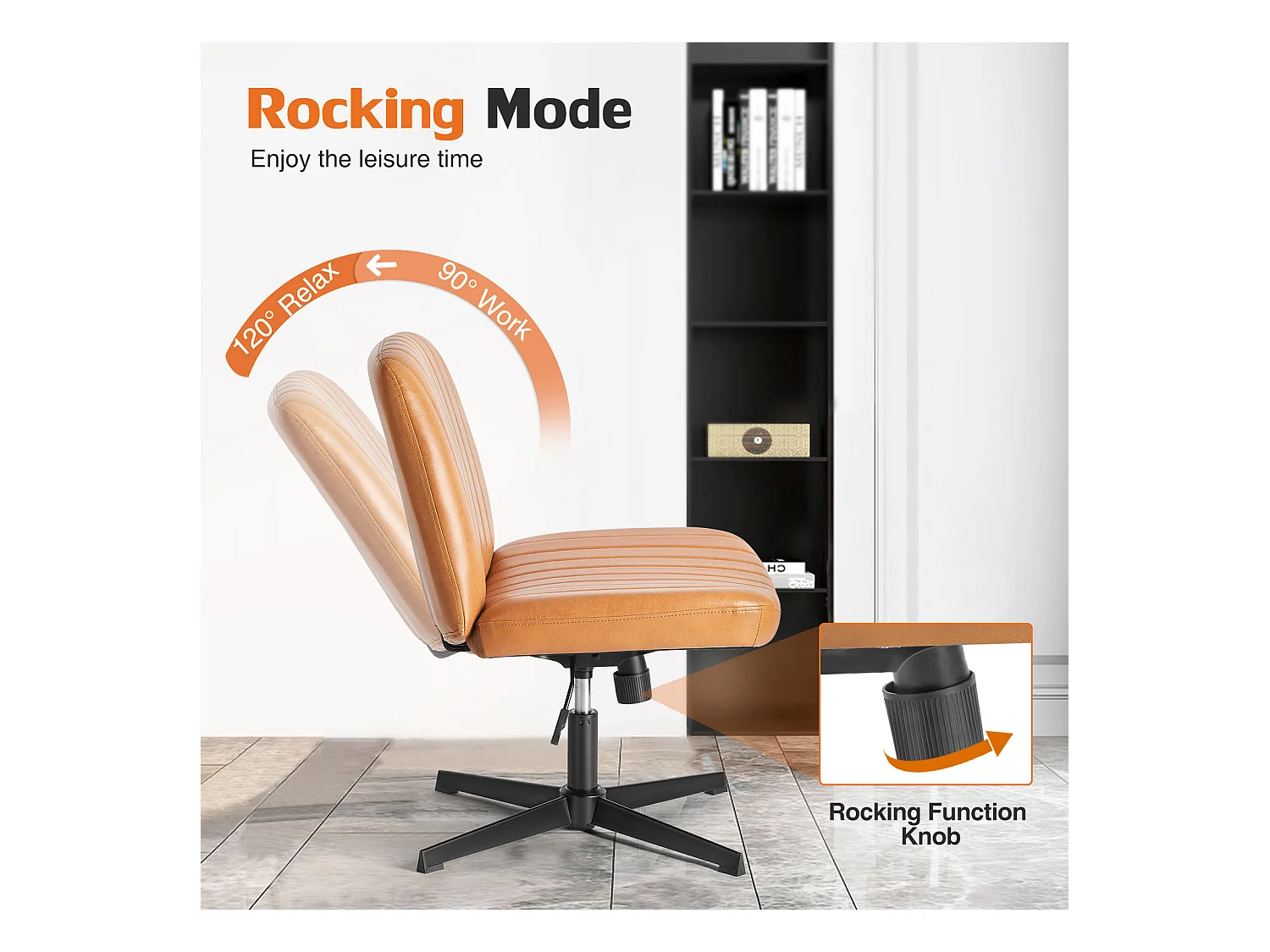 Bureaustoel, Cross-Legged stoel, zonder wielen Armless Swivel Home Office Chair, PU, bruin