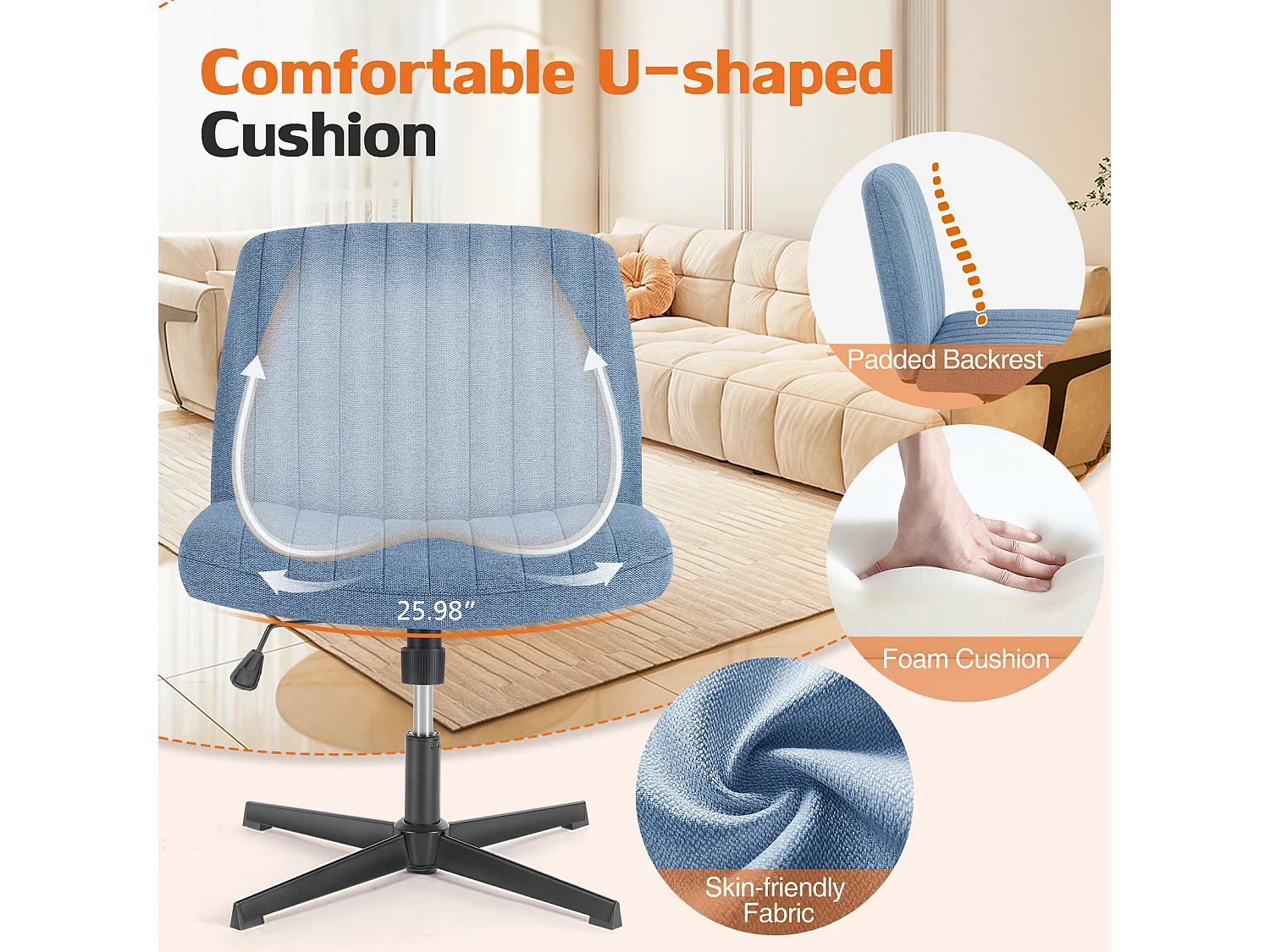 Bureaustoel, stoel met kruispoten, zonder wielen Armless Swivel Home Office Chair, stof, blauw