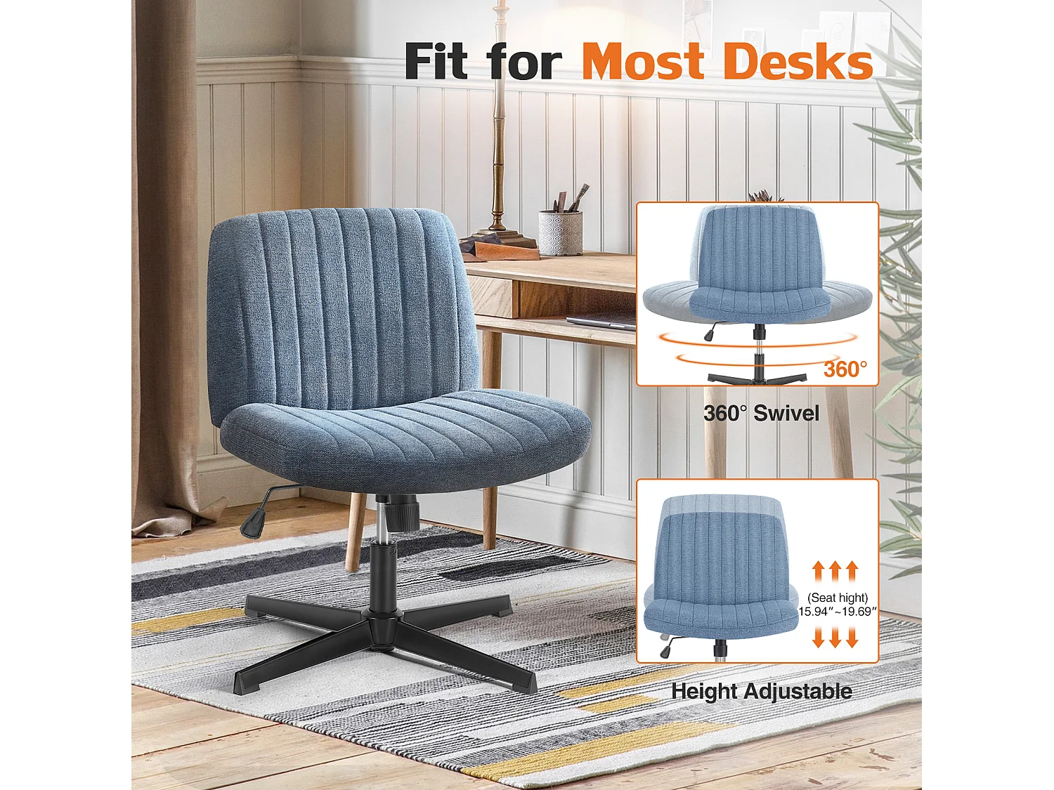 Bureaustoel, stoel met kruispoten, zonder wielen Armless Swivel Home Office Chair, stof, blauw