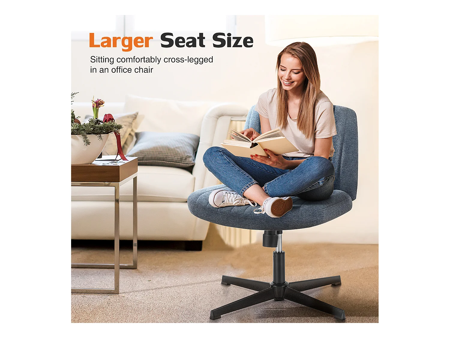 Bureaustoel, stoel met kruispoten, zonder wielen Armless Swivel Home Office Chair, stof, blauw