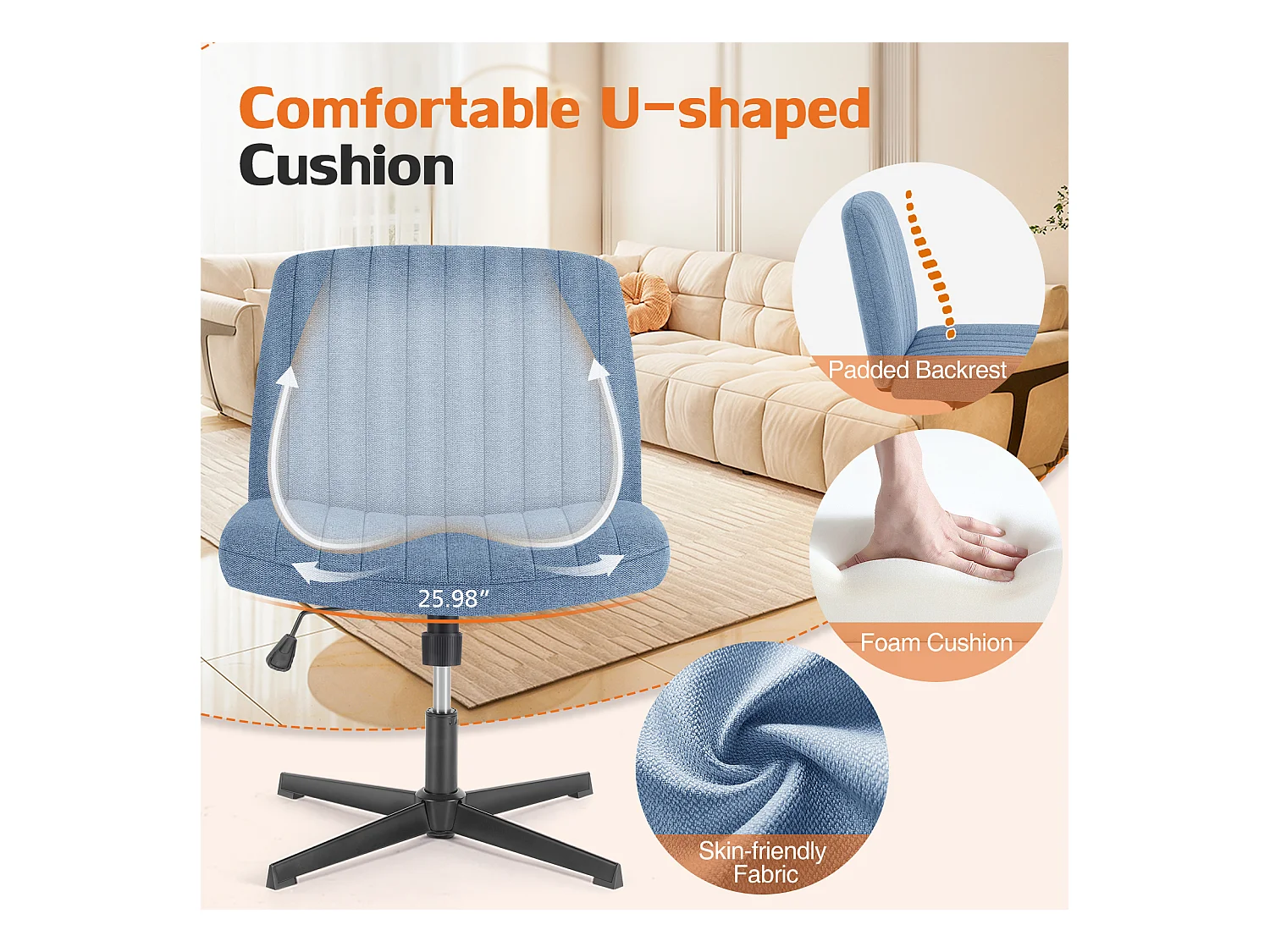 Bureaustoel, stoel met kruispoten, zonder wielen Armless Swivel Home Office Chair, stof, blauw