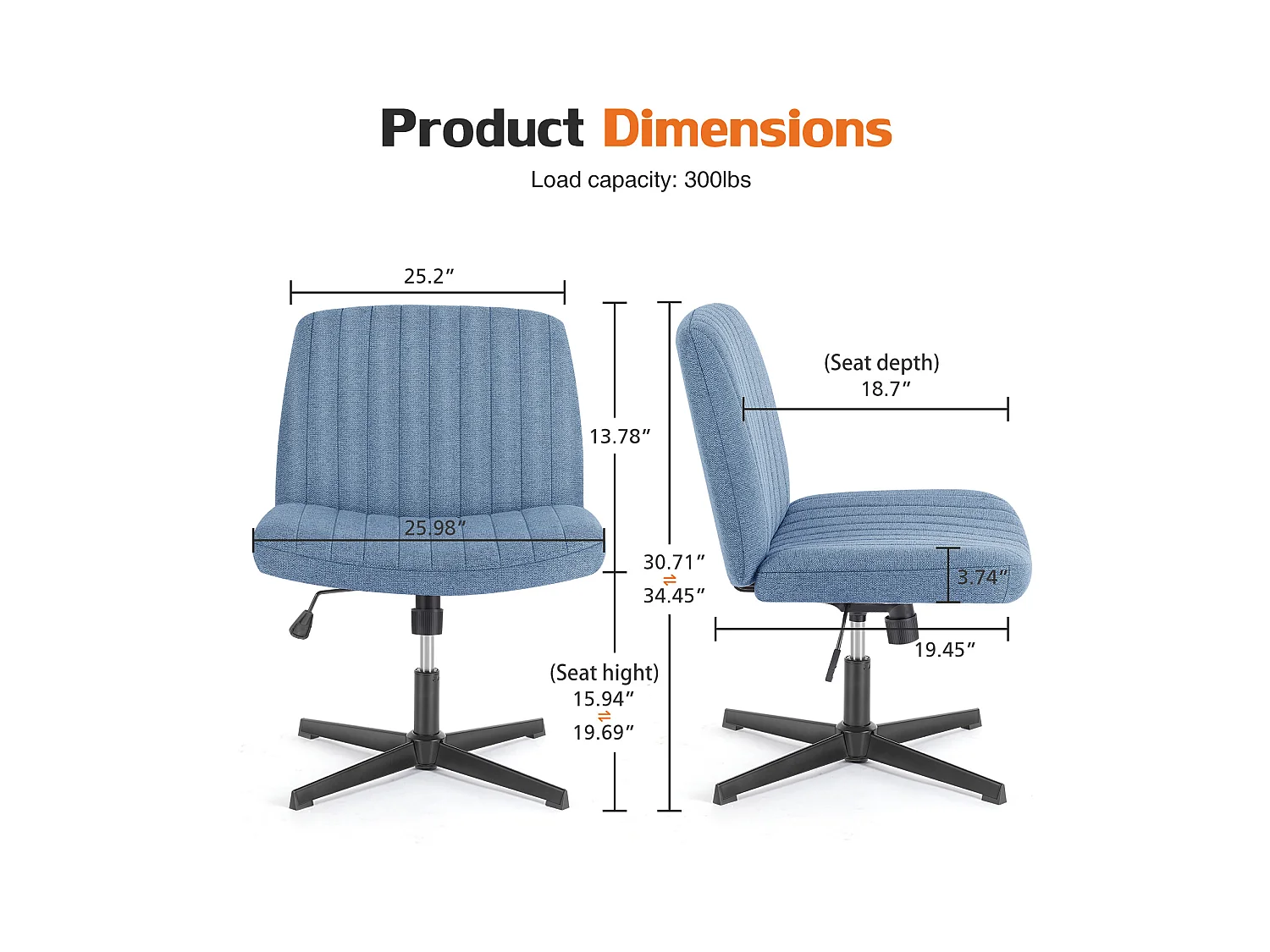 Bureaustoel, stoel met kruispoten, zonder wielen Armless Swivel Home Office Chair, stof, blauw