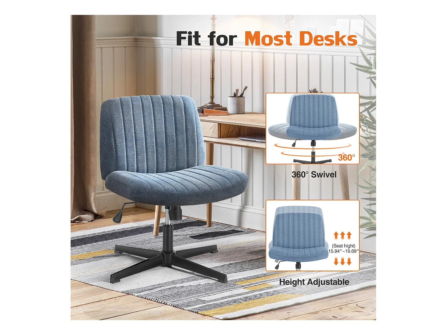 Bureaustoel, stoel met kruispoten, zonder wielen Armless Swivel Home Office Chair, stof, blauw
