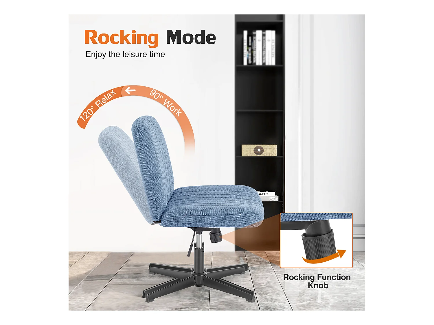 Bureaustoel, stoel met kruispoten, zonder wielen Armless Swivel Home Office Chair, stof, blauw