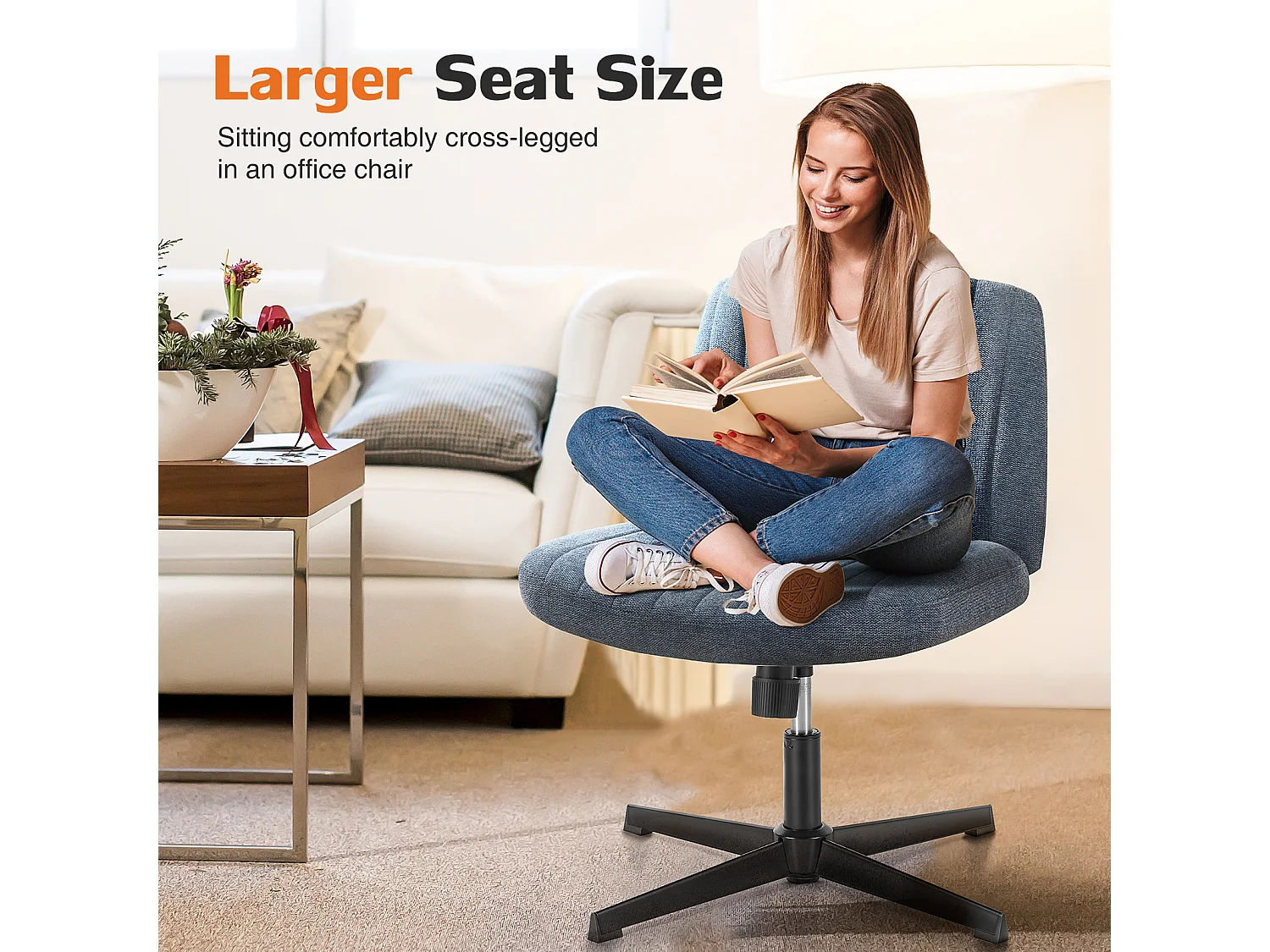 Bureaustoel, stoel met kruispoten, zonder wielen Armless Swivel Home Office Chair, stof, blauw