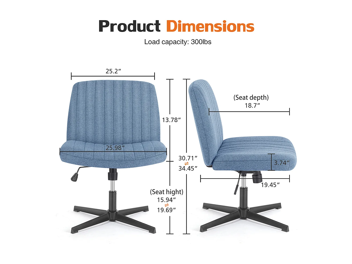 Bureaustoel, stoel met kruispoten, zonder wielen Armless Swivel Home Office Chair, stof, blauw