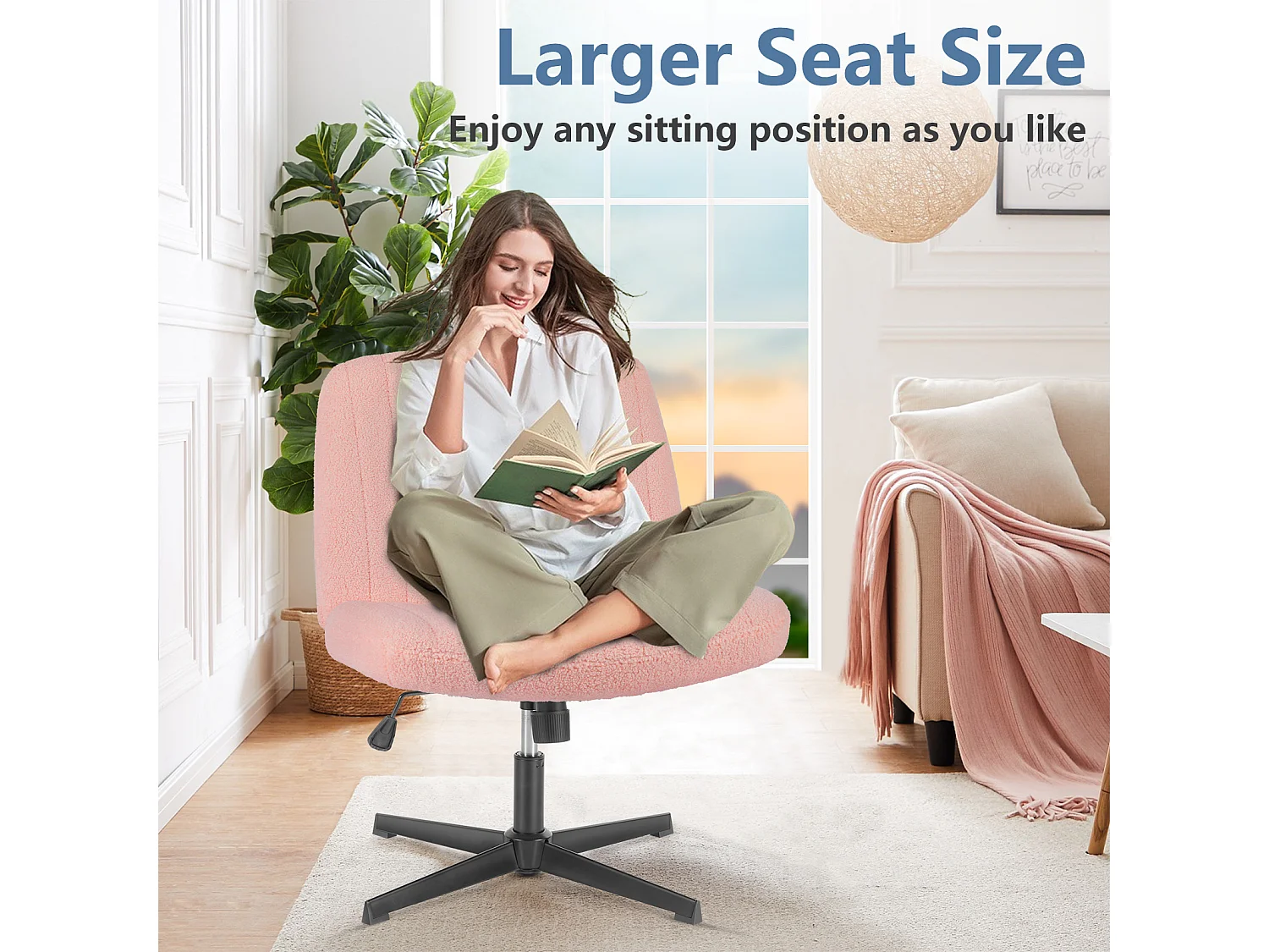 Bureaustoel, Cross-Legged stoel, zonder wielen Armless Swivel Home Office Chair, fluweel, roze
