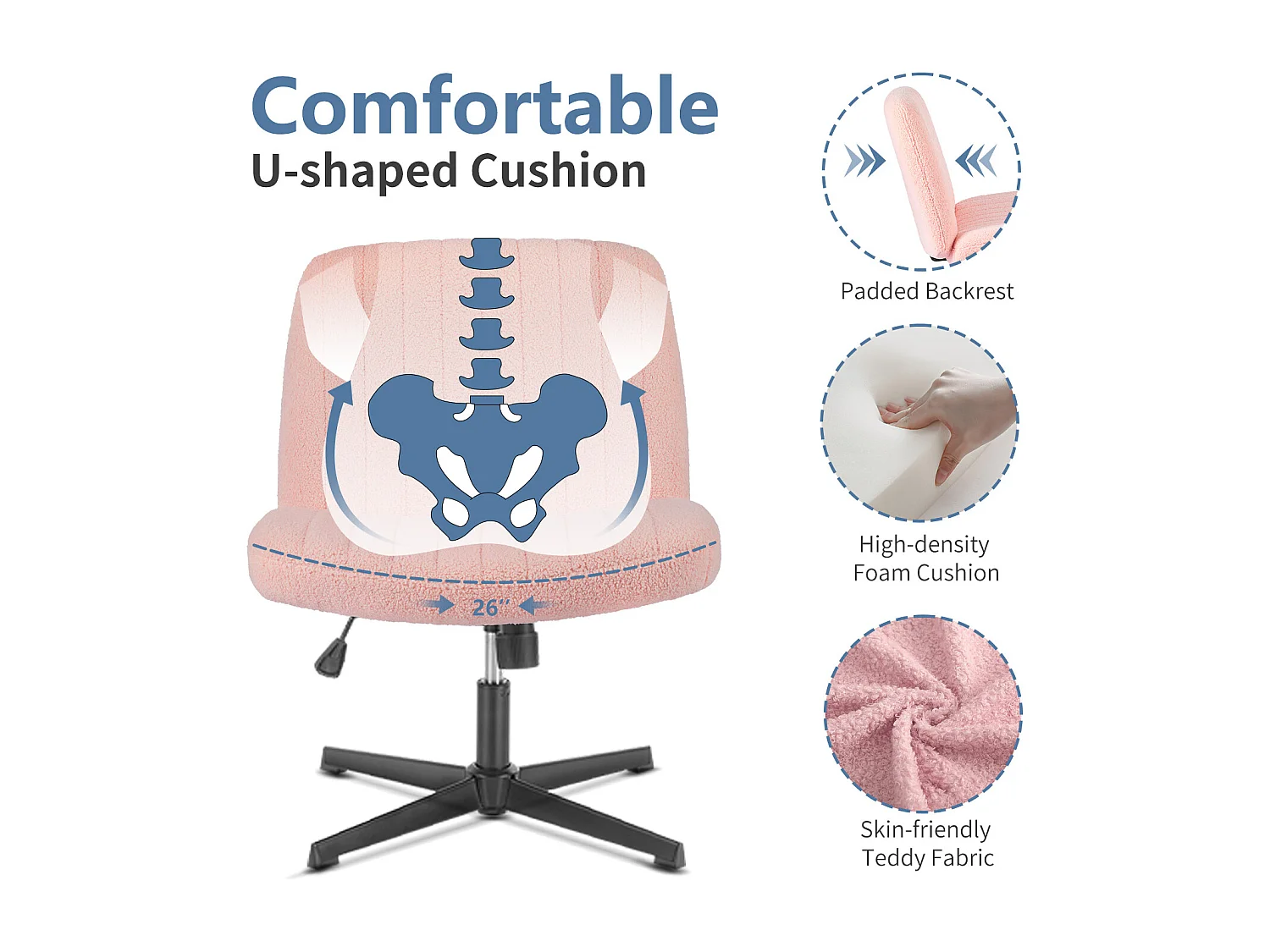 Bureaustoel, Cross-Legged stoel, zonder wielen Armless Swivel Home Office Chair, fluweel, roze