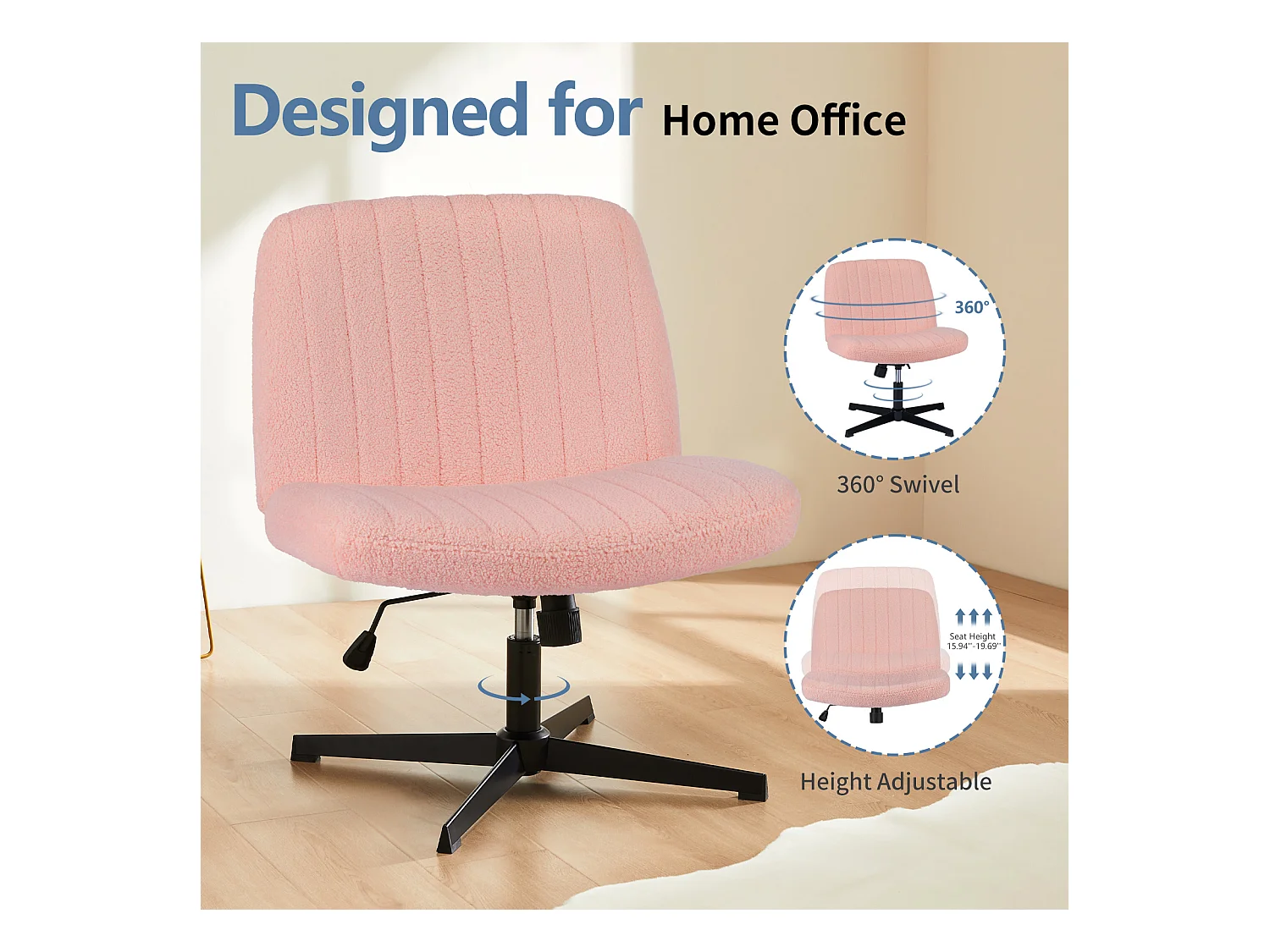 Bureaustoel, Cross-Legged stoel, zonder wielen Armless Swivel Home Office Chair, fluweel, roze