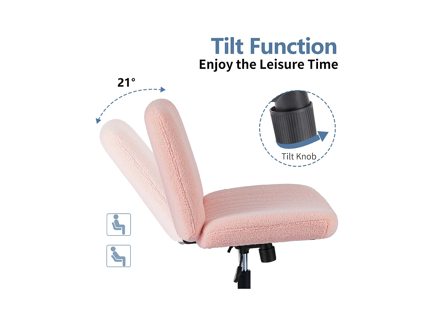 Bureaustoel, Cross-Legged stoel, zonder wielen Armless Swivel Home Office Chair, fluweel, roze