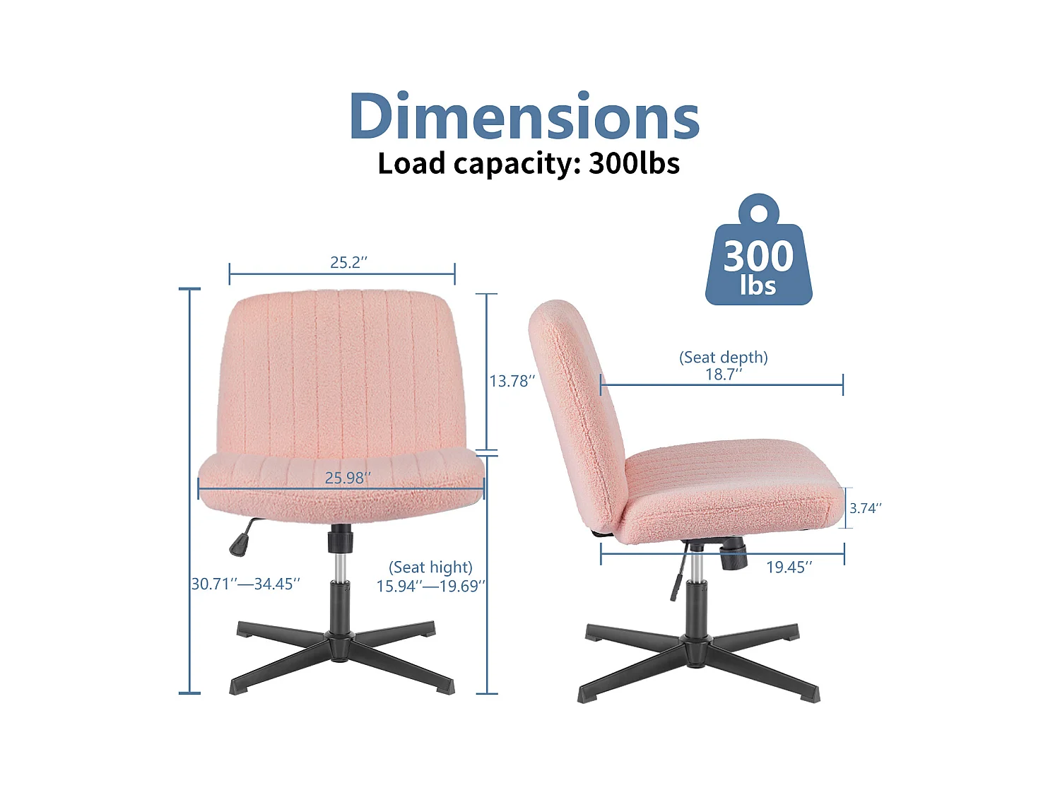 Bureaustoel, Cross-Legged stoel, zonder wielen Armless Swivel Home Office Chair, fluweel, roze