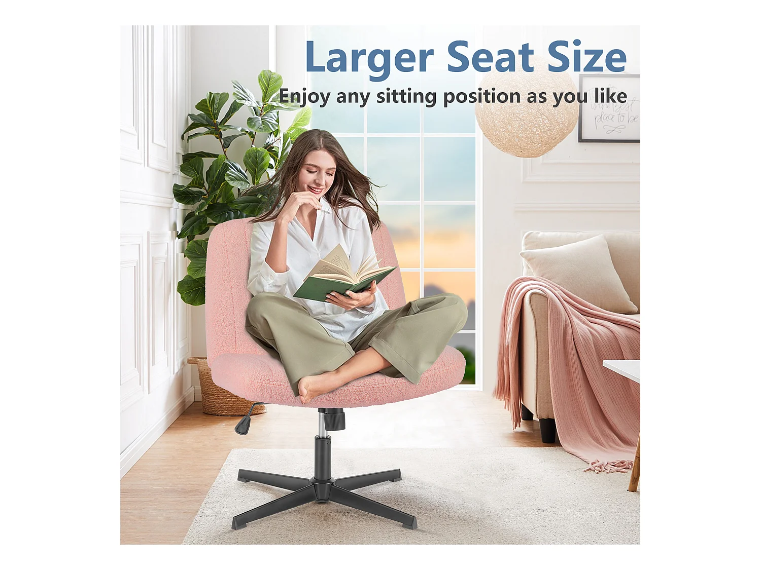 Bureaustoel, Cross-Legged stoel, zonder wielen Armless Swivel Home Office Chair, fluweel, roze