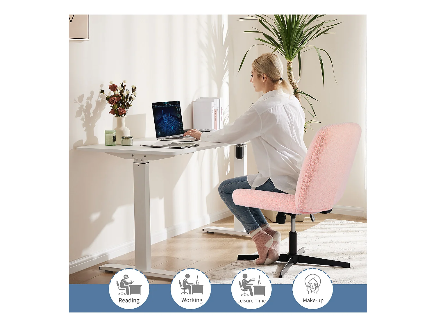 Bureaustoel, Cross-Legged stoel, zonder wielen Armless Swivel Home Office Chair, fluweel, roze