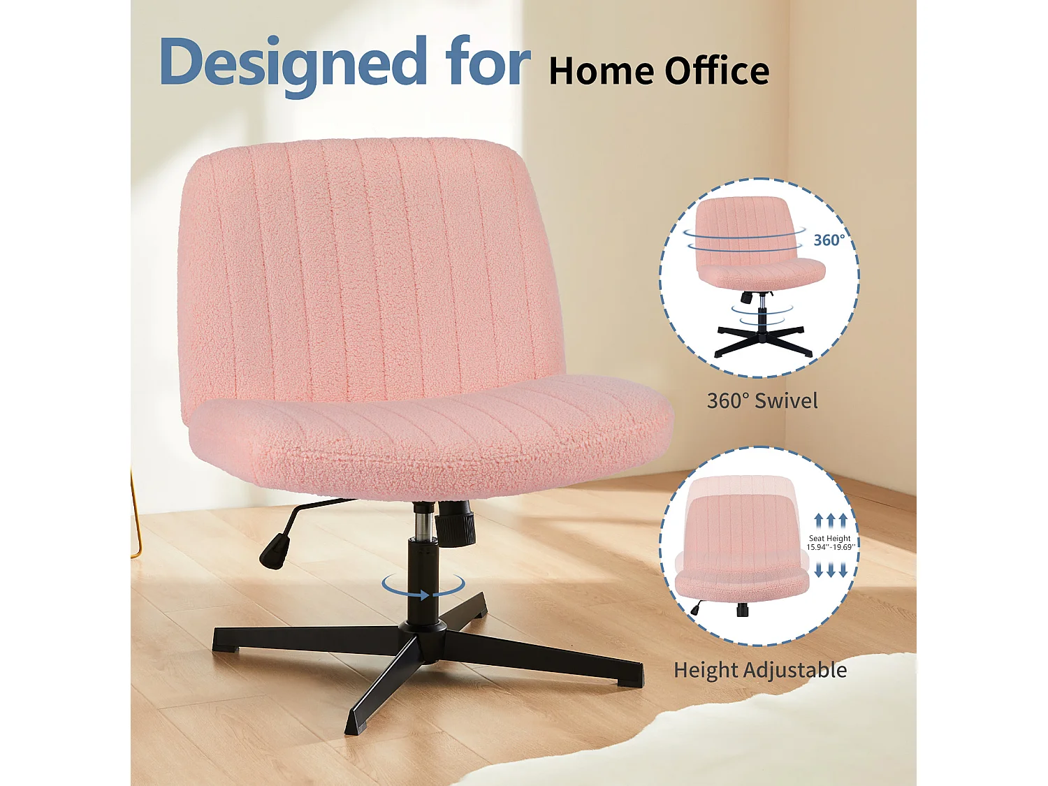 Chaise de bureau,Chaise à pieds croisés,Chaise de bureau pivotante sans roulettes,Velours,Rose