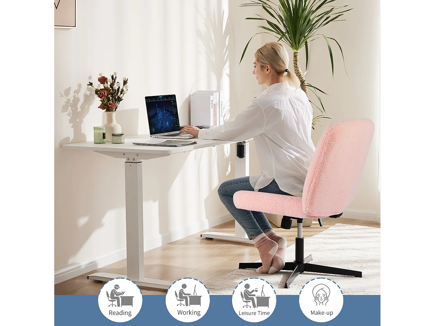 Chaise de bureau,Chaise à pieds croisés,Chaise de bureau pivotante sans roulettes,Velours,Rose