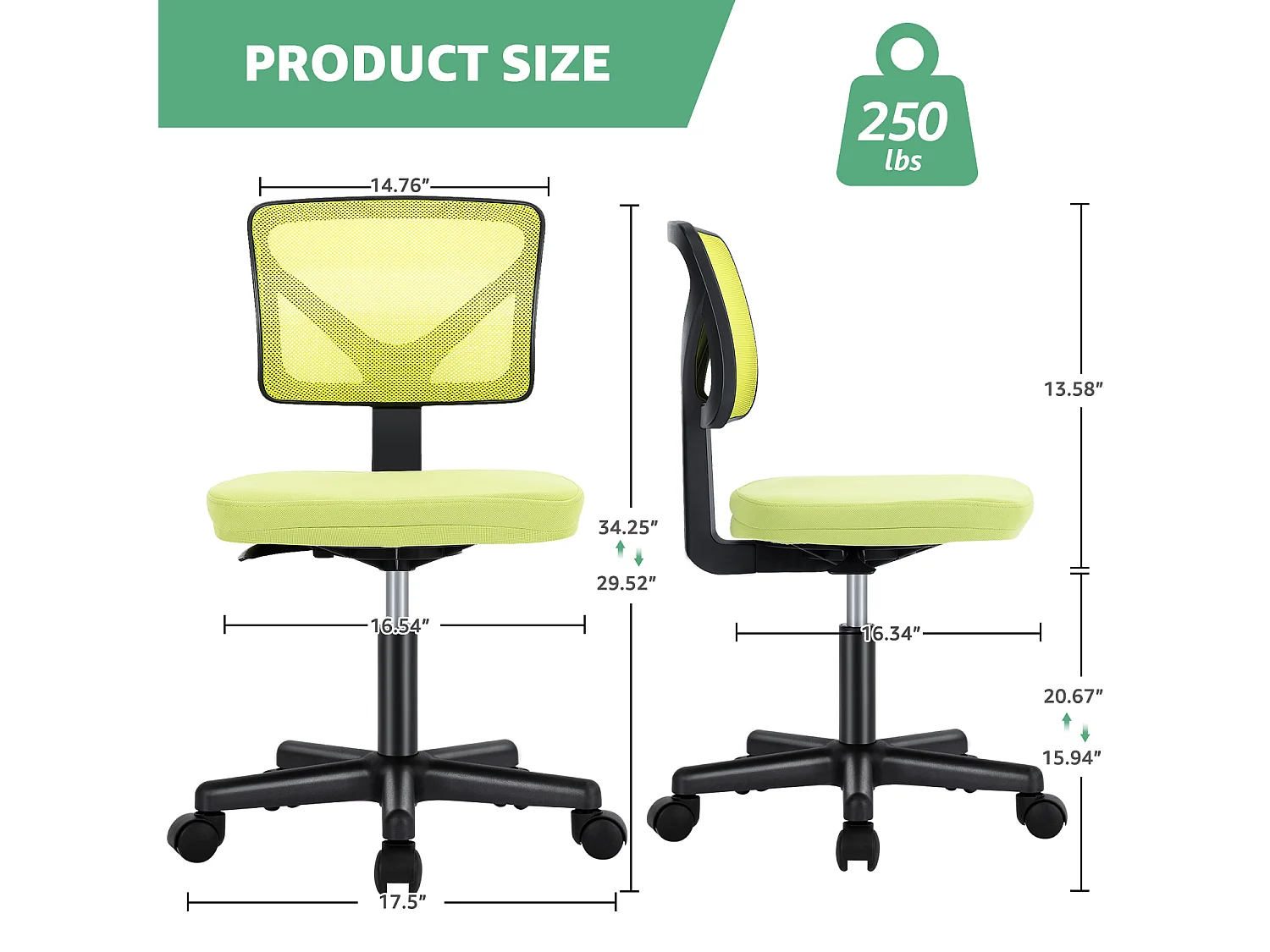 Chaise de bureau,Chaise d'ordinateur pivotante à roulettes avec support lombaire,sans accoudoir,à dossier bas en maille,vert