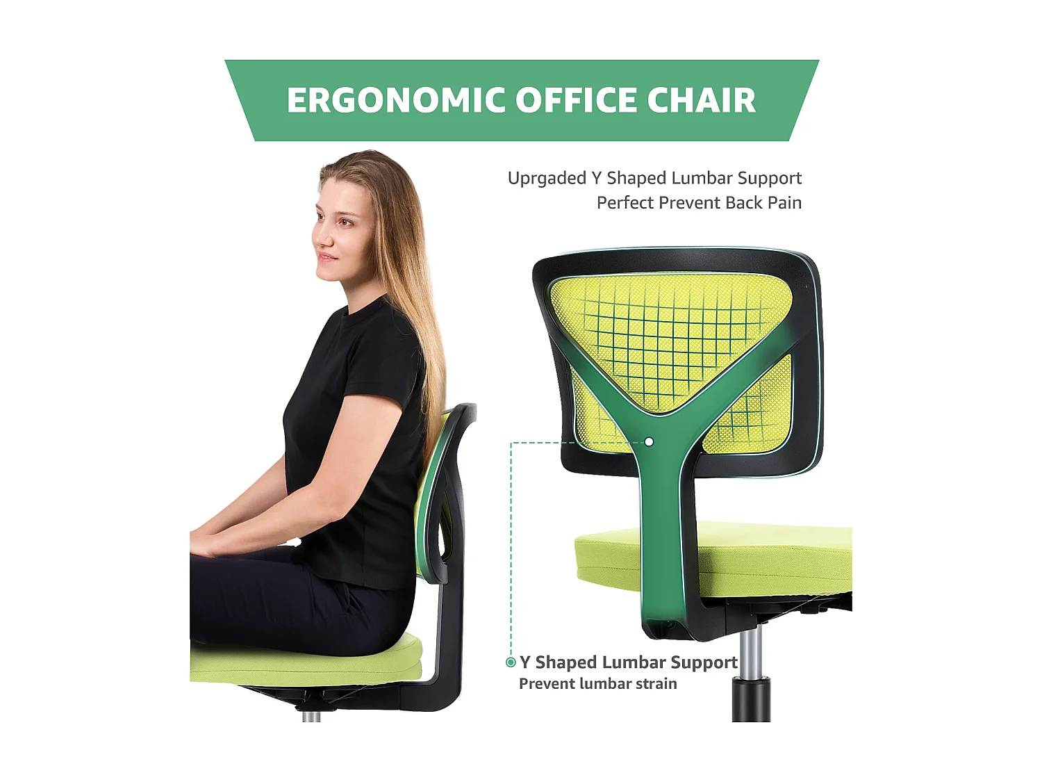 Chaise de bureau,Chaise d'ordinateur pivotante à roulettes avec support lombaire,sans accoudoir,à dossier bas en maille,vert