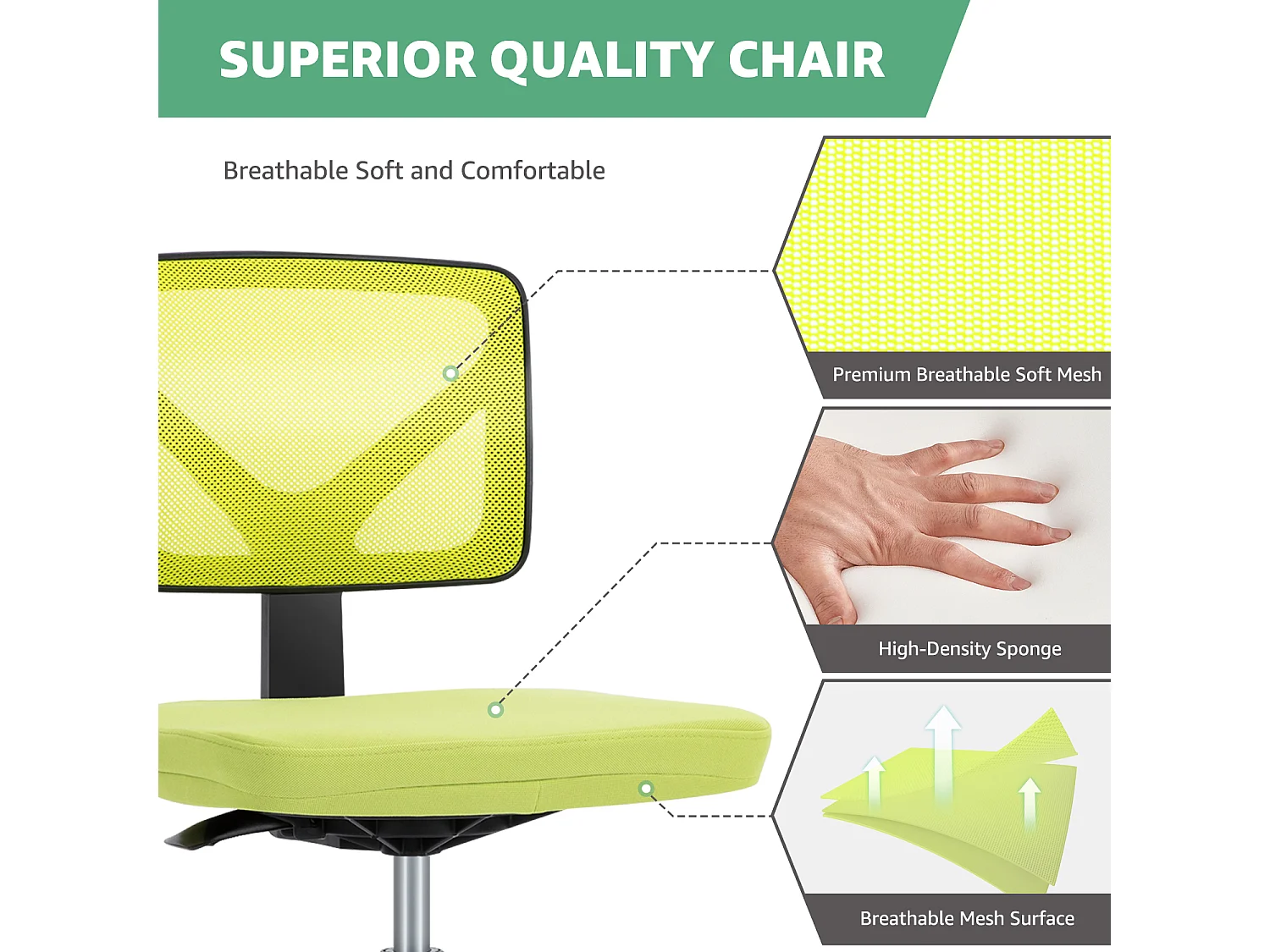 Chaise de bureau,Chaise d'ordinateur pivotante à roulettes avec support lombaire,sans accoudoir,à dossier bas en maille,vert