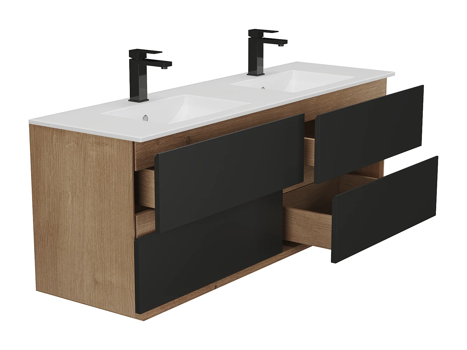 Waschbeckenunterschrank hängend mit Einbauwaschbecken - 150 cm - Holzfarben hell & Schwarz - SABURI