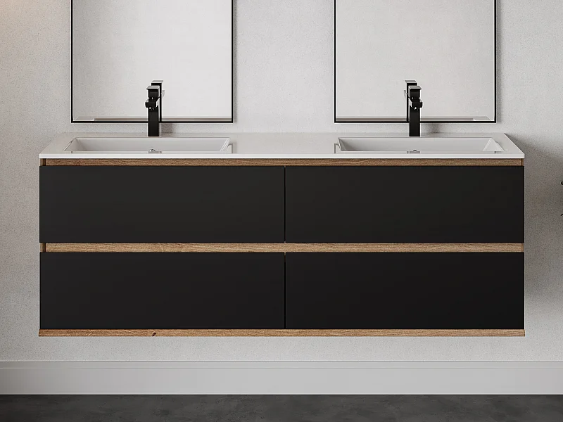 Mobile per bagno sospeso con lavabo da incasso 150 cm Naturale chiaro e Nero - SABURI