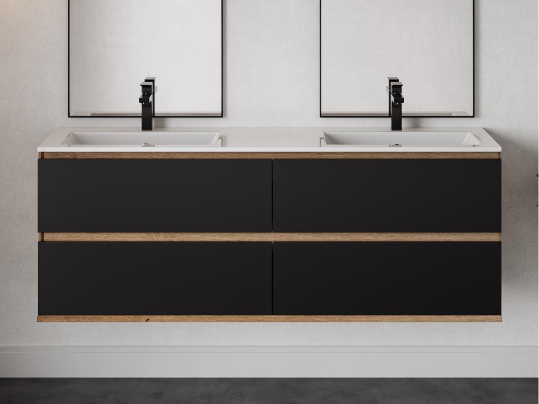 Hangmeubel voor badkamer met inbouwwastafel - Licht naturel en zwart - 150 cm - SABURI