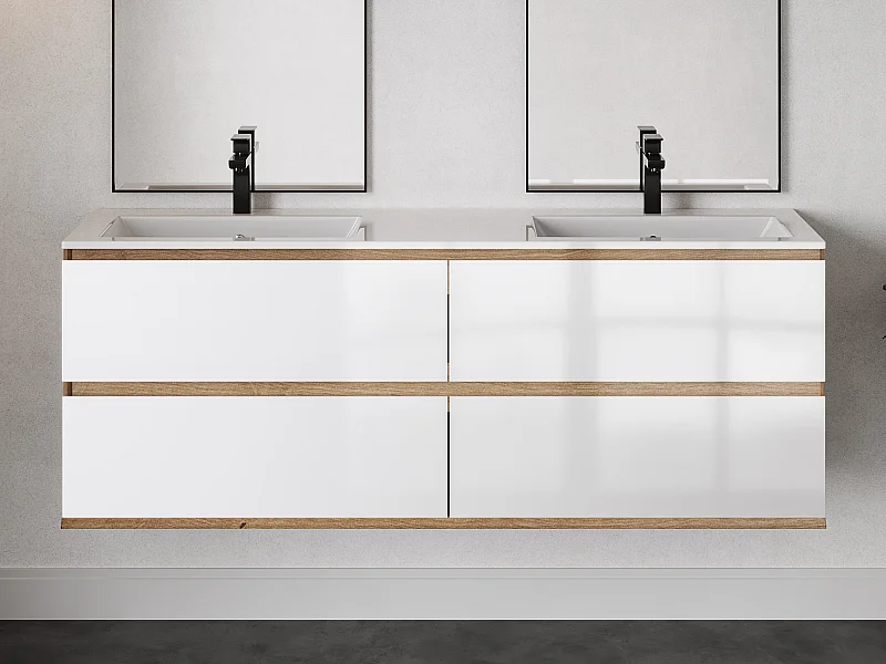 Meuble de salle de bain suspendu avec vasque à encastrer - Coloris naturel clair et blanc - 150 cm - SABURI