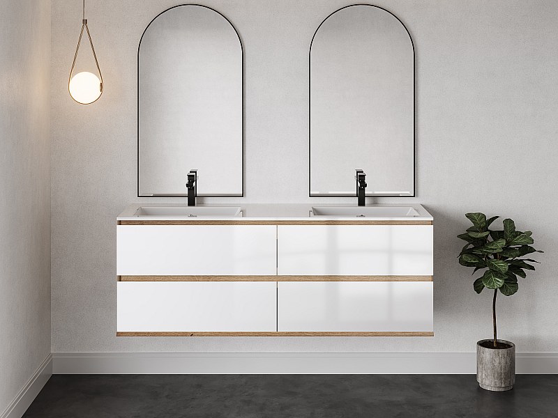 Mueble doble lavabo para empotrar - Color natural claro y blanco - 150 ...