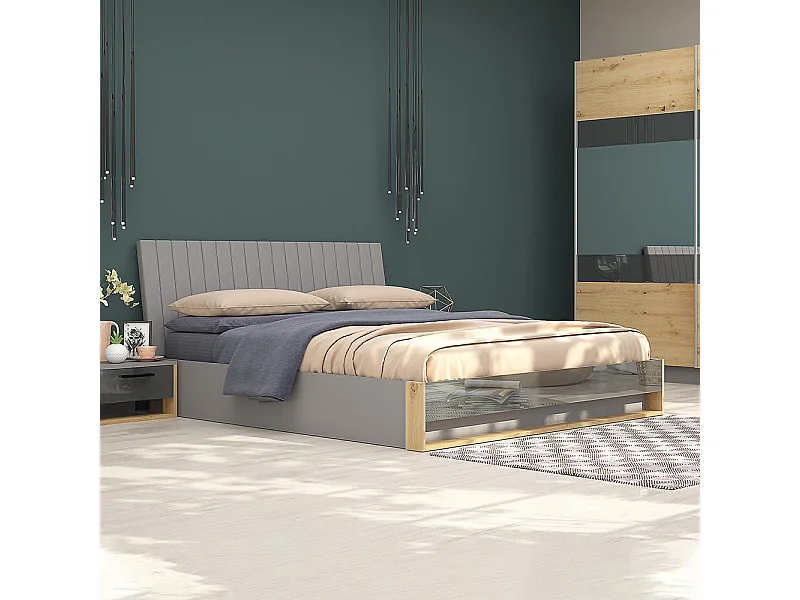 Letto matrimoniale contenitore 160x200 cm con testiera grigio e rovere LG66