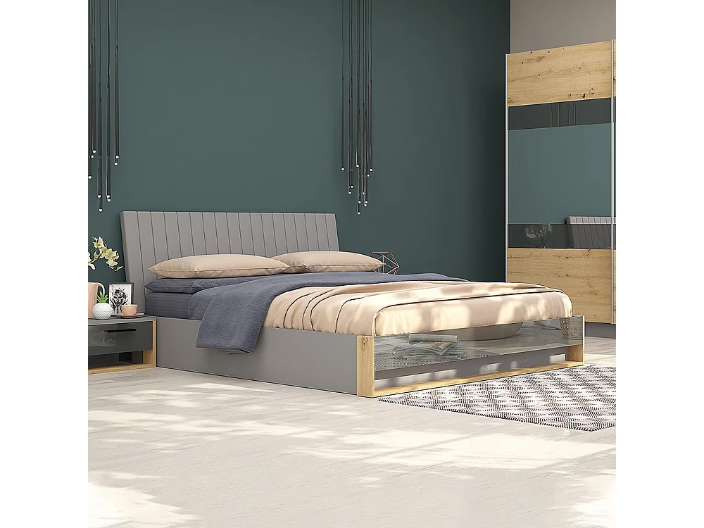 Letto matrimoniale contenitore 160x200 cm con testiera grigio e rovere LG66
