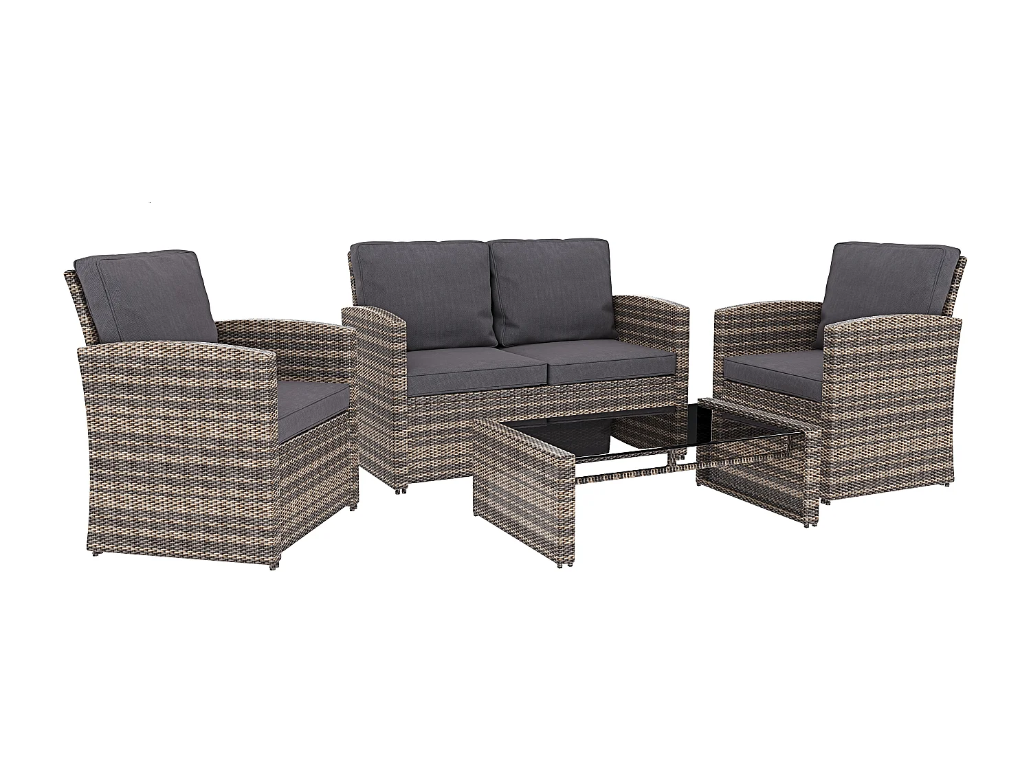 Salottino Da Giardino in Rattan Set Mobili 4 Posti Tavolino Ripiano In Vetro Divano 2 Posti 2 Poltrone Terrazzo Balcone Piscina Cuscini Marrone Chiaro