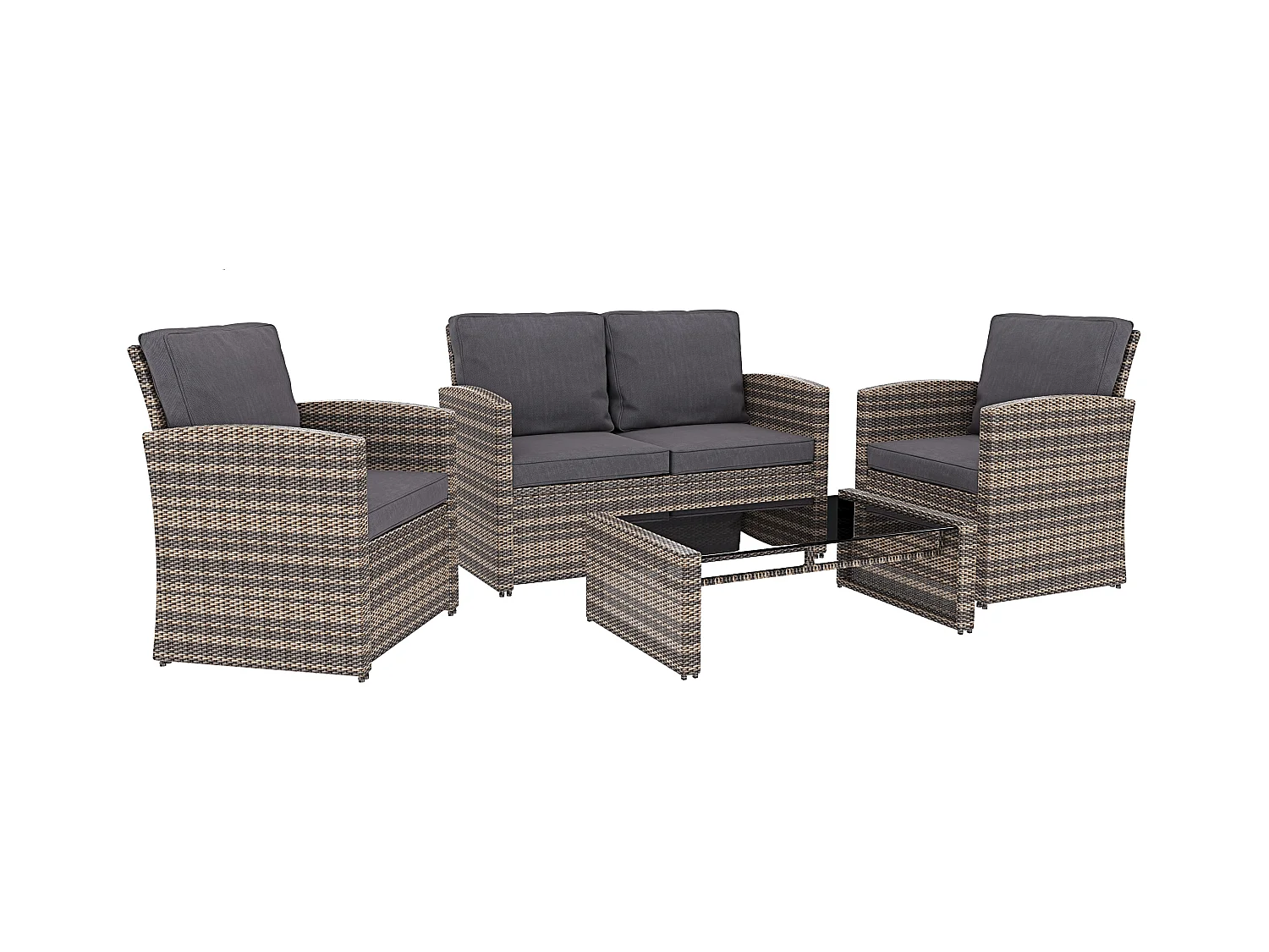 Salottino Da Giardino in Rattan Set Mobili 4 Posti Tavolino Ripiano In Vetro Divano 2 Posti 2 Poltrone Terrazzo Balcone Piscina Cuscini Marrone Chiaro