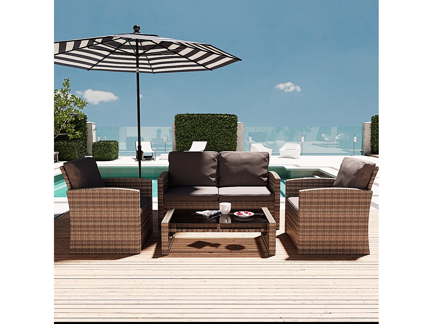 Salottino Da Giardino in Rattan Set Mobili 4 Posti Tavolino Ripiano In Vetro Divano 2 Posti 2 Poltrone Terrazzo Balcone Piscina Cuscini Marrone Chiaro