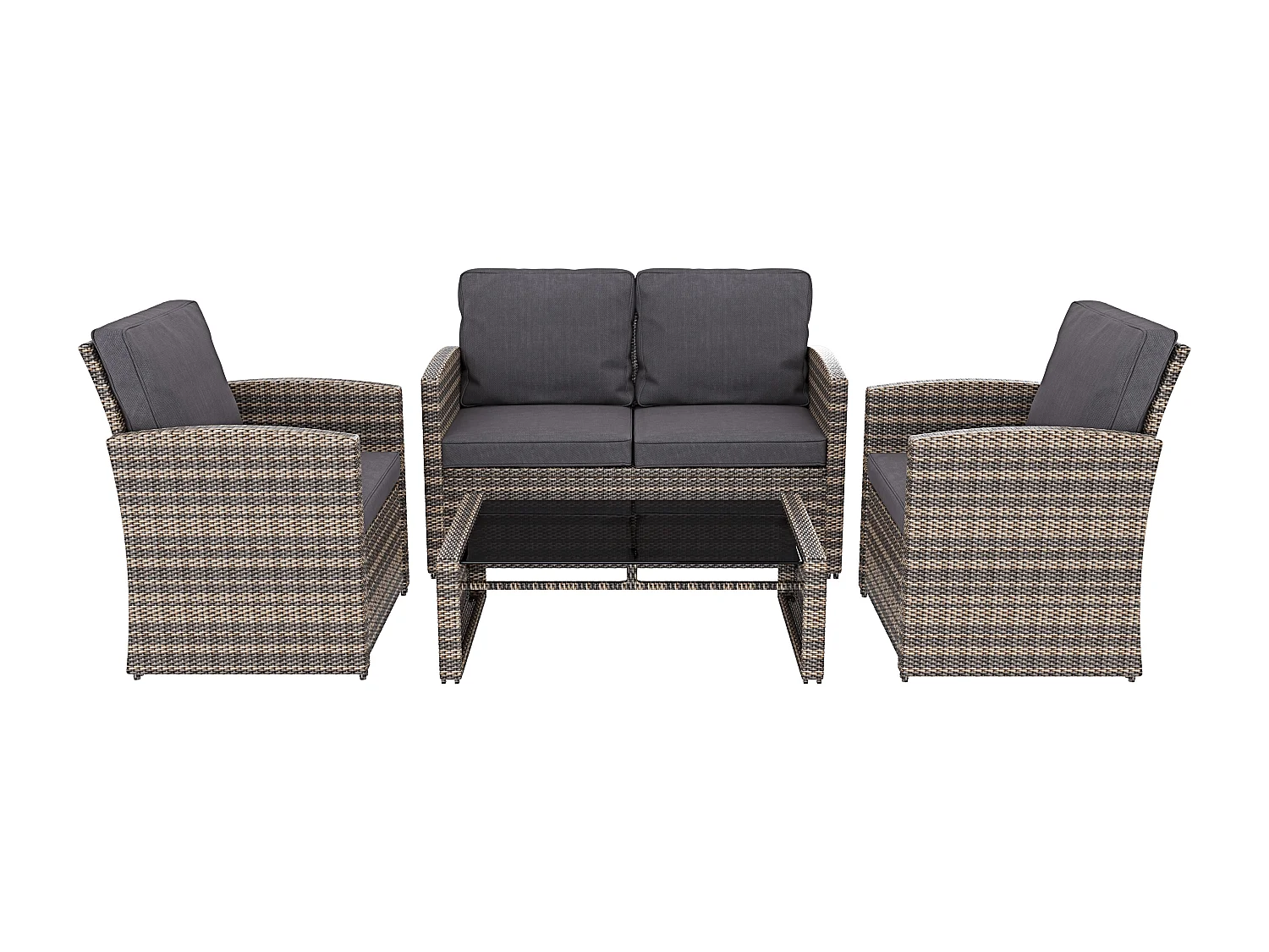 Salottino Da Giardino in Rattan Set Mobili 4 Posti Tavolino Ripiano In Vetro Divano 2 Posti 2 Poltrone Terrazzo Balcone Piscina Cuscini Marrone Chiaro